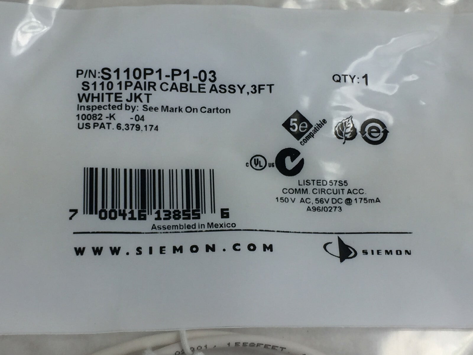 Seimens S110 Cable Assy  3 ft  S110P1-P1-03  White