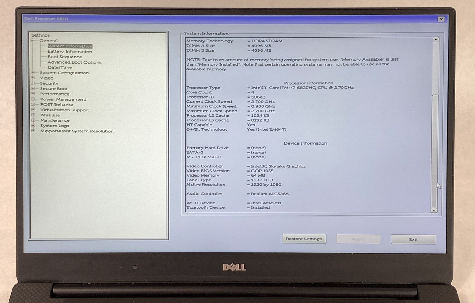 Dell Precision 5510 Intel Core i7-6820HQ 2.7 GHz 8 GB RAM 15.6" No HDD No OS
