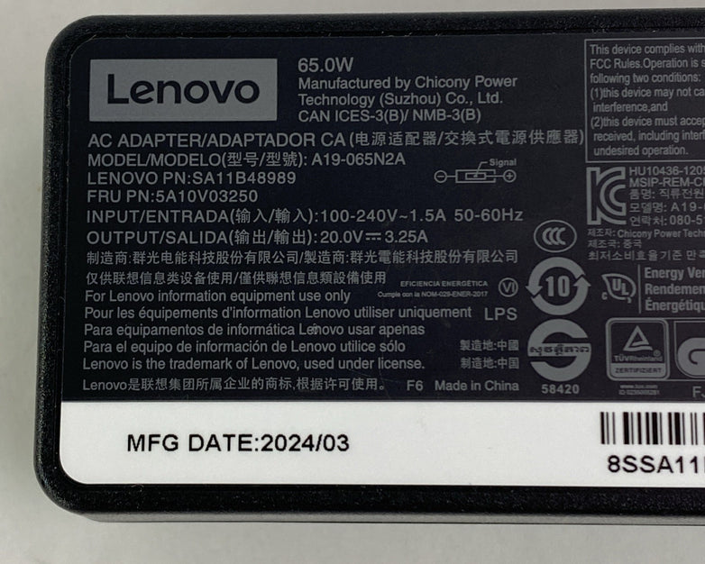 Lenovo 65W A19-065N2A 20V Square AC Adapter Mixed Lot No Power Cord - Lot of 5