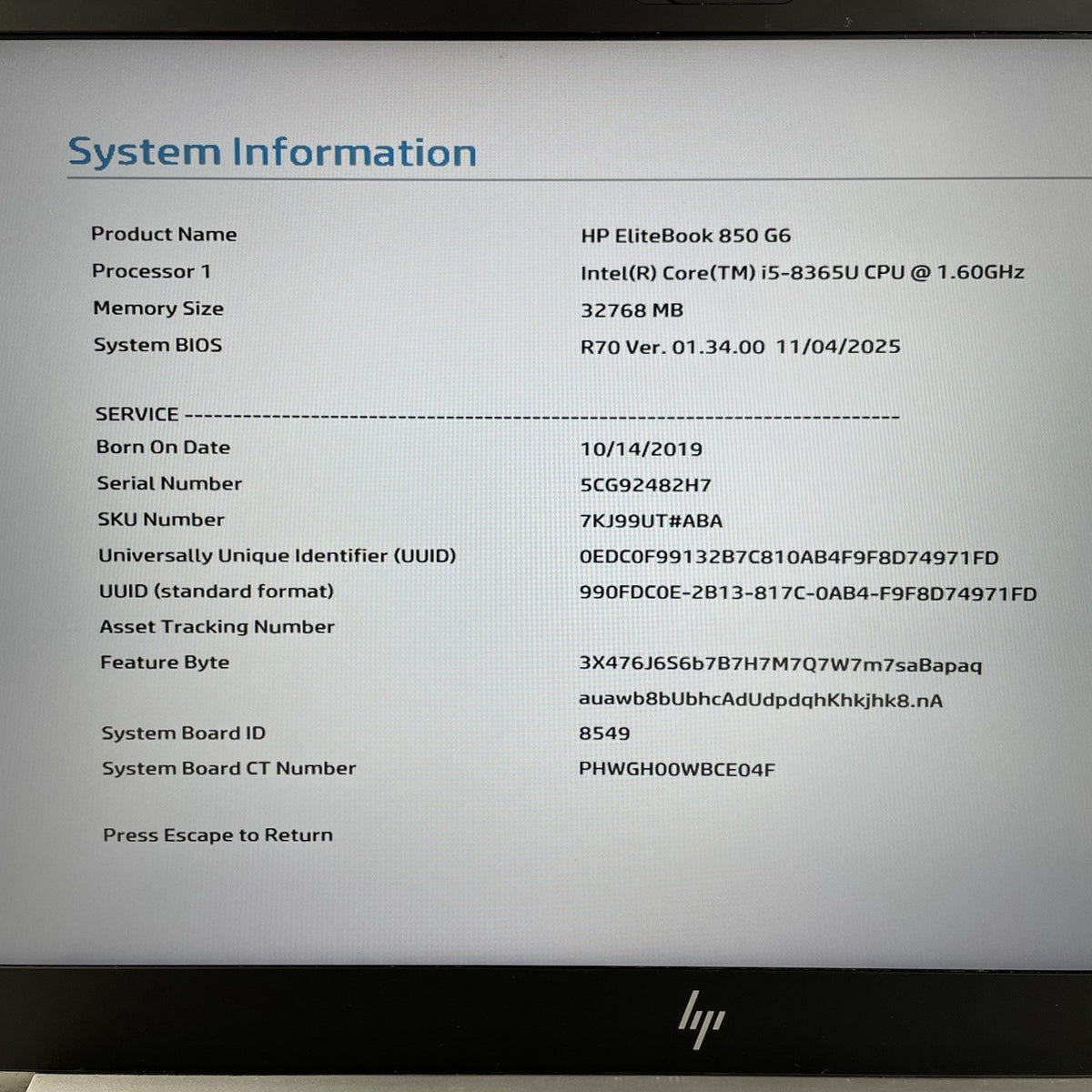 HP EliteBook 850 G6 15.6" i5-8365U 1.60 GHz 32 GB RAM No SSD/OS/AC3