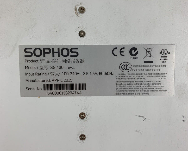Sophos SG 430 Firewall Security Appliance W/8 GbE Port Module No HDD No OS
