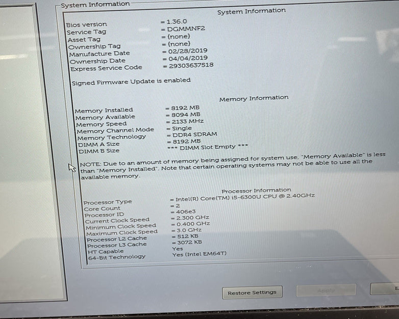 Dell Latitude 5580 15.6" i5-6300U 2.40 GHz 8 GB RAM No SSD No OS No AC