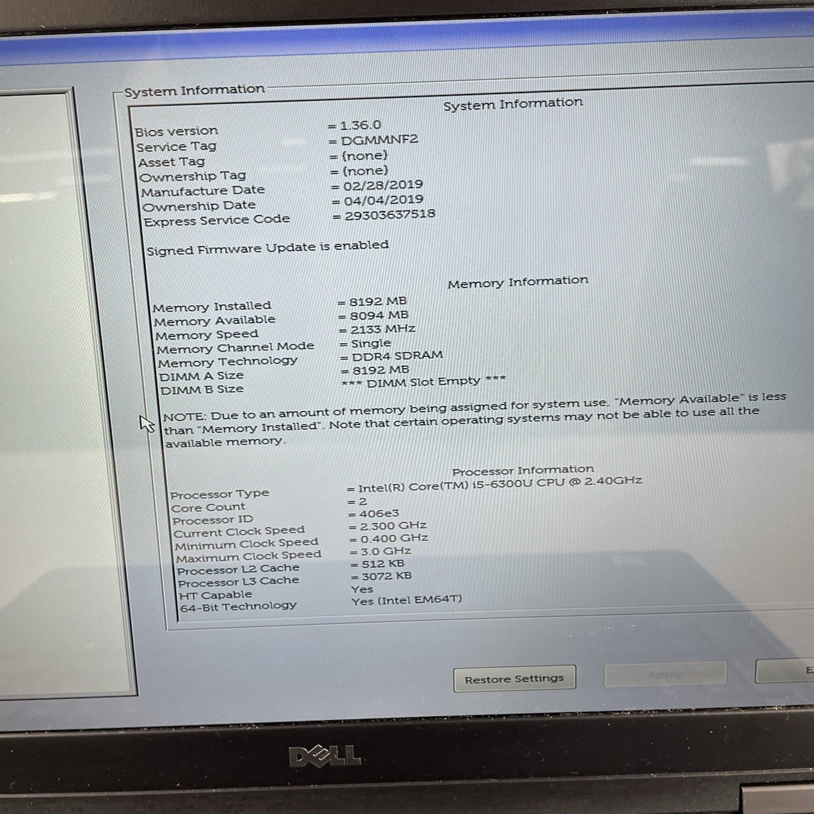 Dell Latitude 5580 15.6" i5-6300U 2.40 GHz 8 GB RAM No SSD No OS No AC2