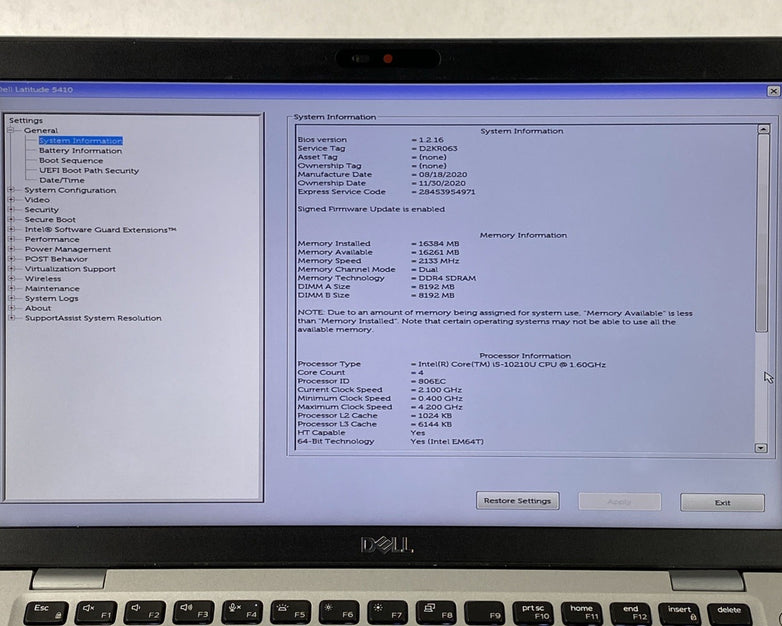 Dell Latitude 5410 Core i5-10210U 1.6GHz 16GB RAM 14.0" No Battery No HDD No OS