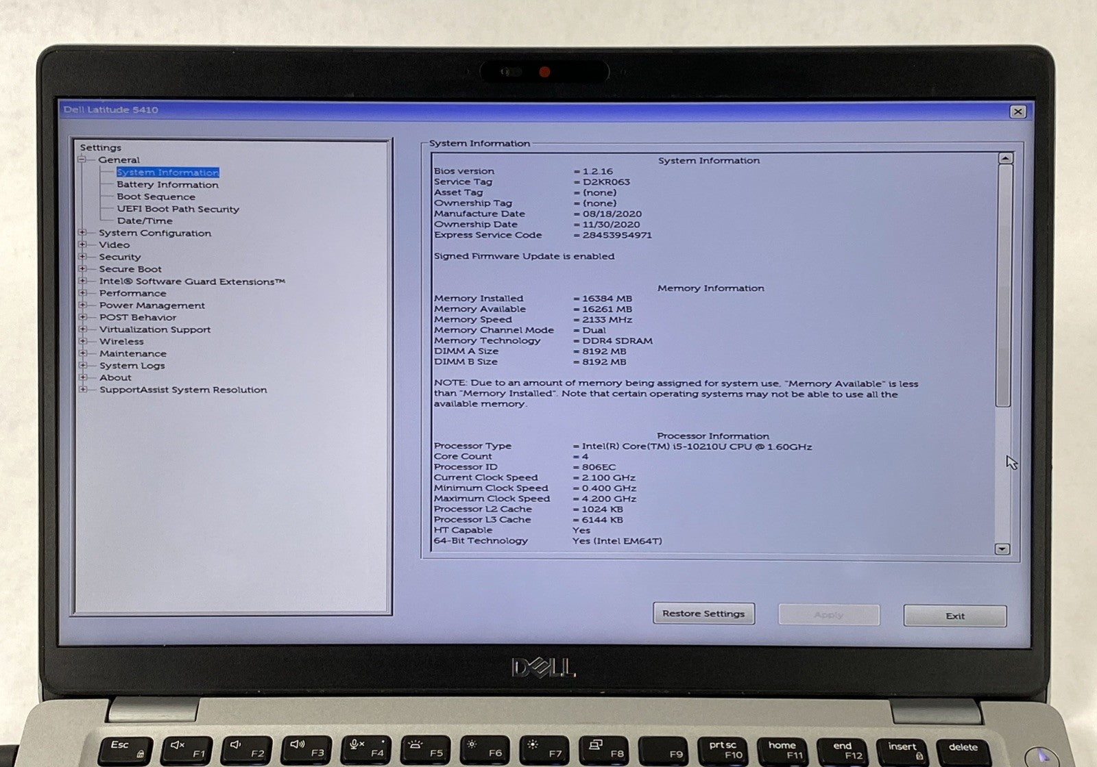 Dell Latitude 5410 Core i5-10210U 1.6GHz 16GB RAM 14.0" No Battery No HDD No OS