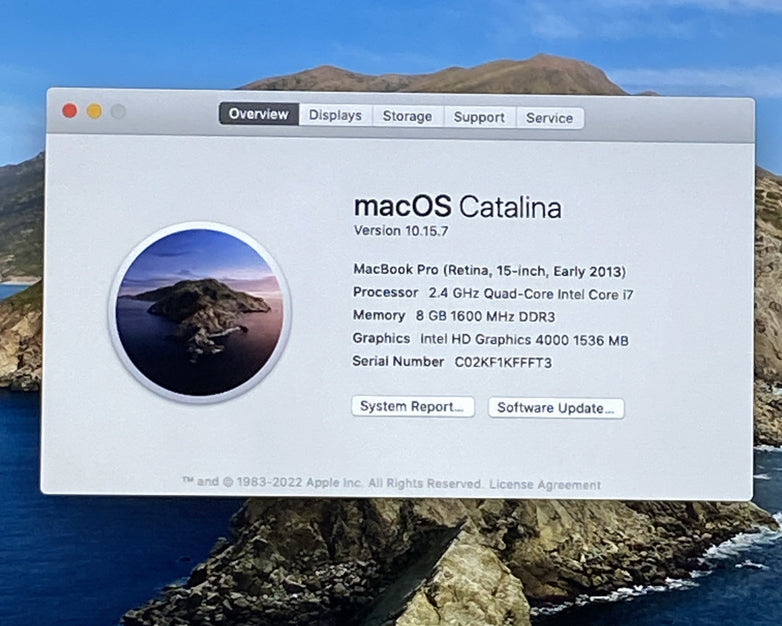 Apple MacBook Pro A1398 2013 Retina 15" 2.40 GHz i7 8GB RAM 250GB SSD os10.15.7