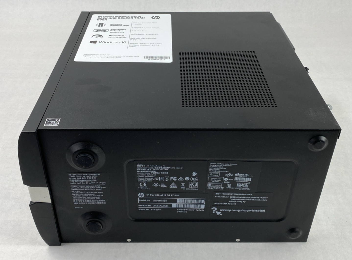 HP Pavilion 510-a010 MT AMD A8-7410 2.20GHz 8GB RAM No HDD No OS No Power Cord