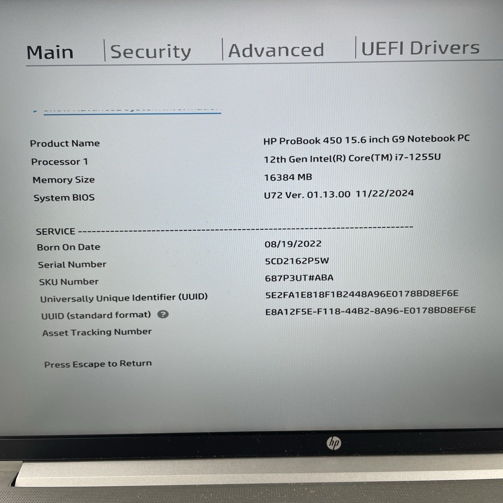 HP ProBook 450 G9 15.6" i7-1255U 4.06 GHz 16 GB RAM No SSD/OS/AC2