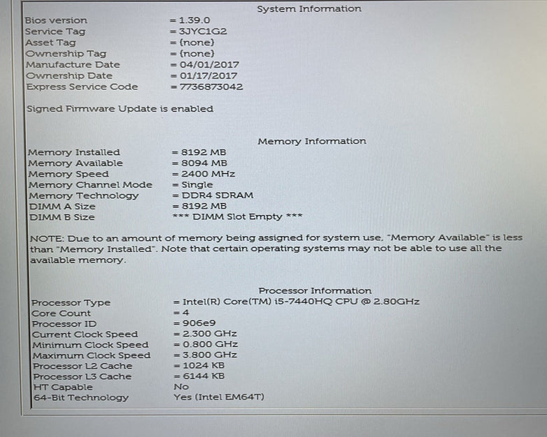 Dell Latitude 5580 15.6" i5-7440HQ 2.8GHz 8GB RAM No SSD/OS/AC - Bad Hinge Cover