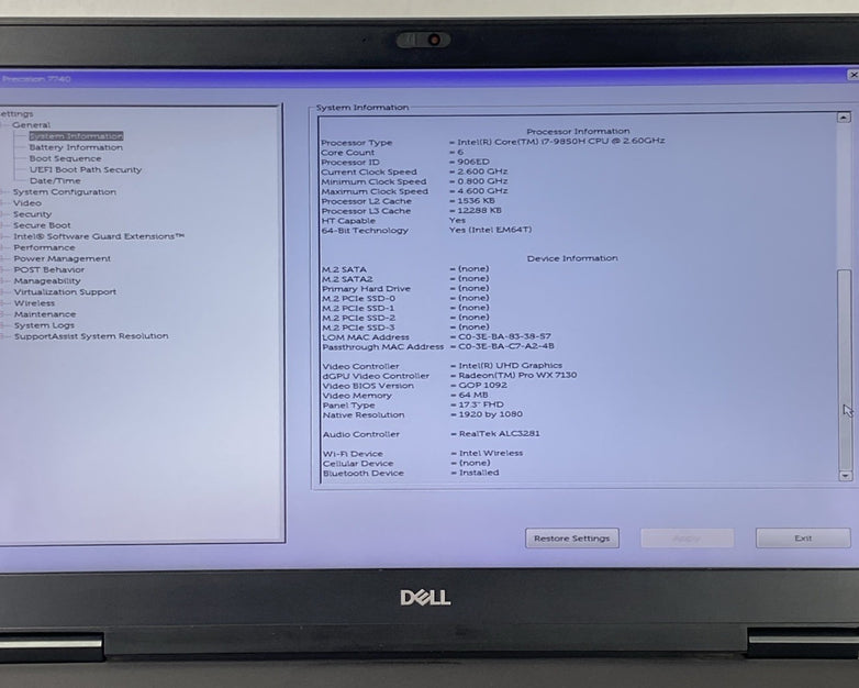 Dell Precision 7740 Intel Core i7-9850H 2.60 GHz 32 GB RAM 17.3" No HDD No OS