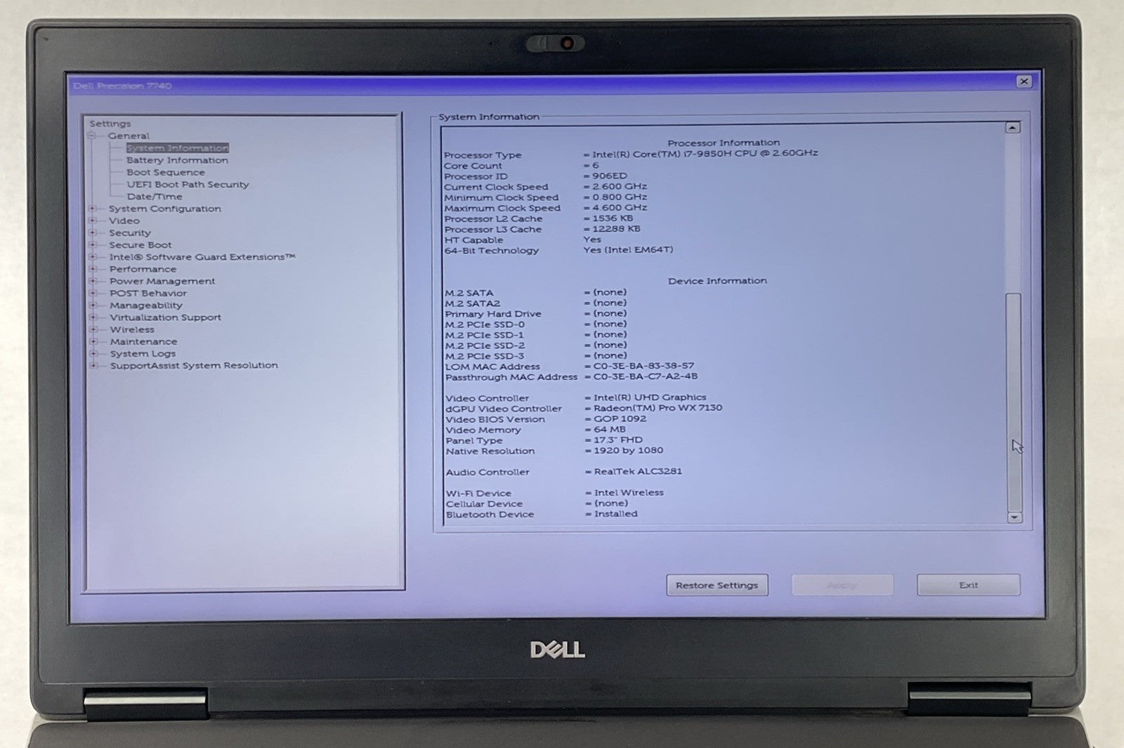Dell Precision 7740 Intel Core i7-9850H 2.60 GHz 32 GB RAM 17.3" No HDD No OS