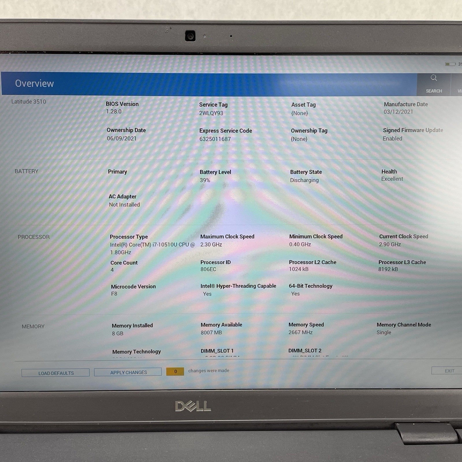 Dell Latitude 3510 15.6" i7-10210U 1.60 GHz 8 GB RAM No SSD/OS/AC - Bad USB2