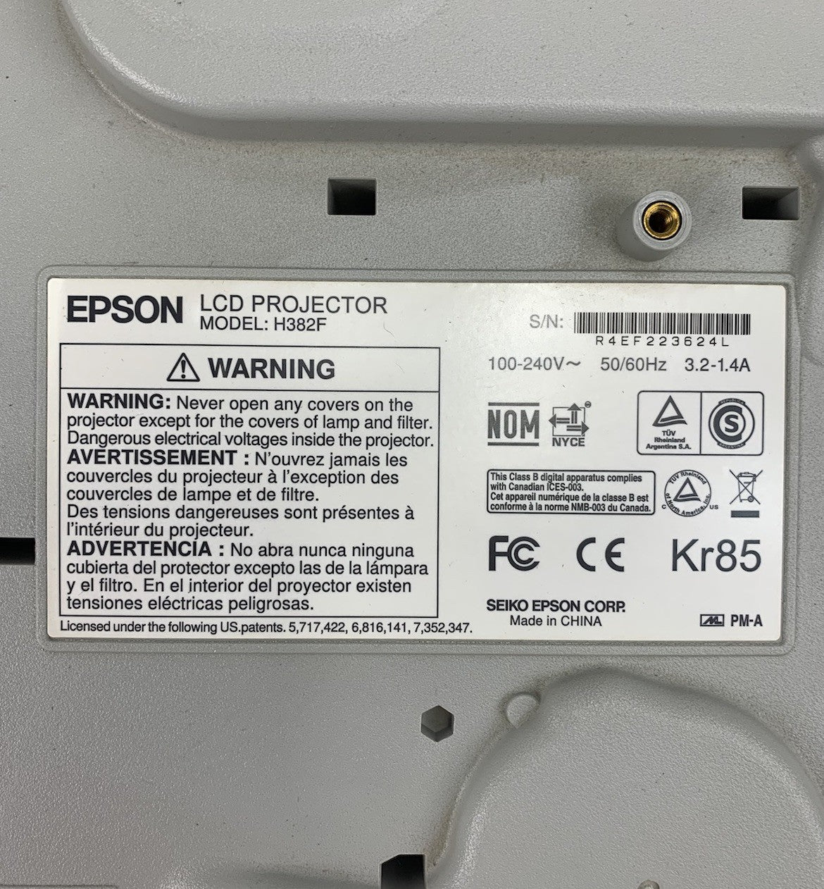 Epson H382F LCD Lamp Projector - Parts or Repair