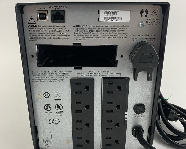 APC SMT1500 1500 120V 8 Outlet Battery Backup Power Supply Tested No Batteries