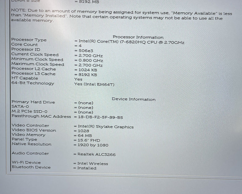 Dell Precision 5510 15.6" i7-6820HQ 2.70 GHz 8 GB RAM No SSD/OS/AC/Battery