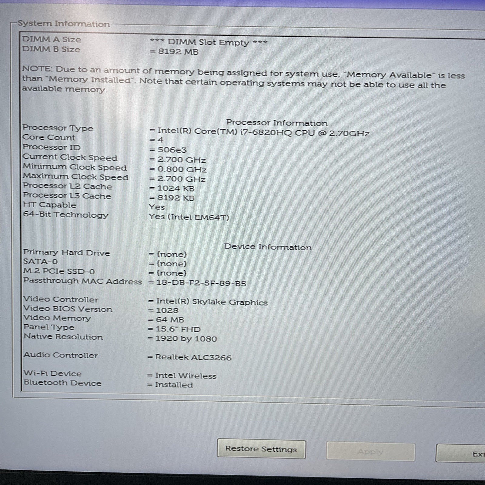 Dell Precision 5510 15.6" i7-6820HQ 2.70 GHz 8 GB RAM No SSD/OS/AC/Battery3