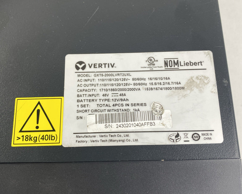 Vertiv Liebert GXT5-2000LVRT2UXL Backups Rack/ Tower - No Batteries No Rack Ears
