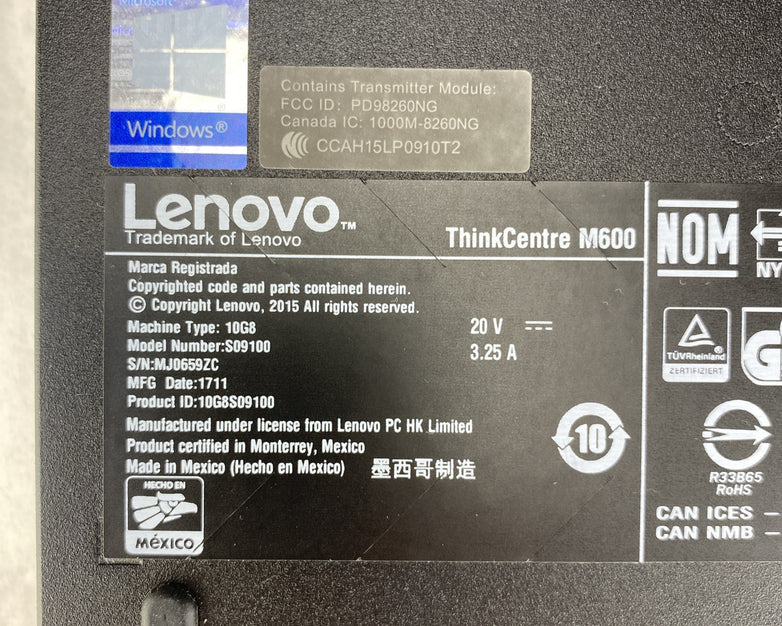 Lenovo ThinkCentre M600 Micro Intel Pentium J3710 1.60GHz 8GB RAM No AC HDD OS