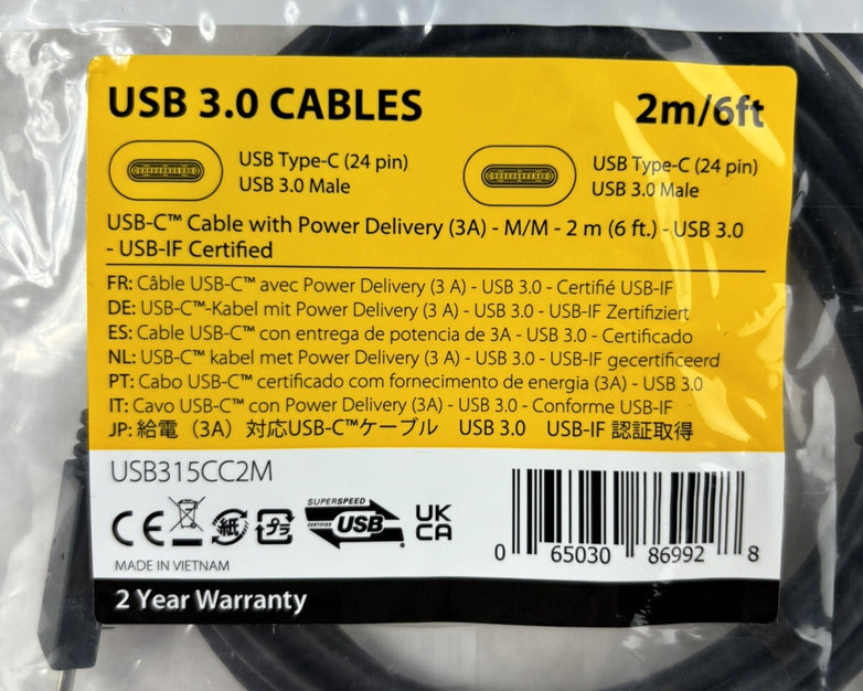 New StarTech USB315CC2M Black USB-C Cable with Power Delivery USB 3.0