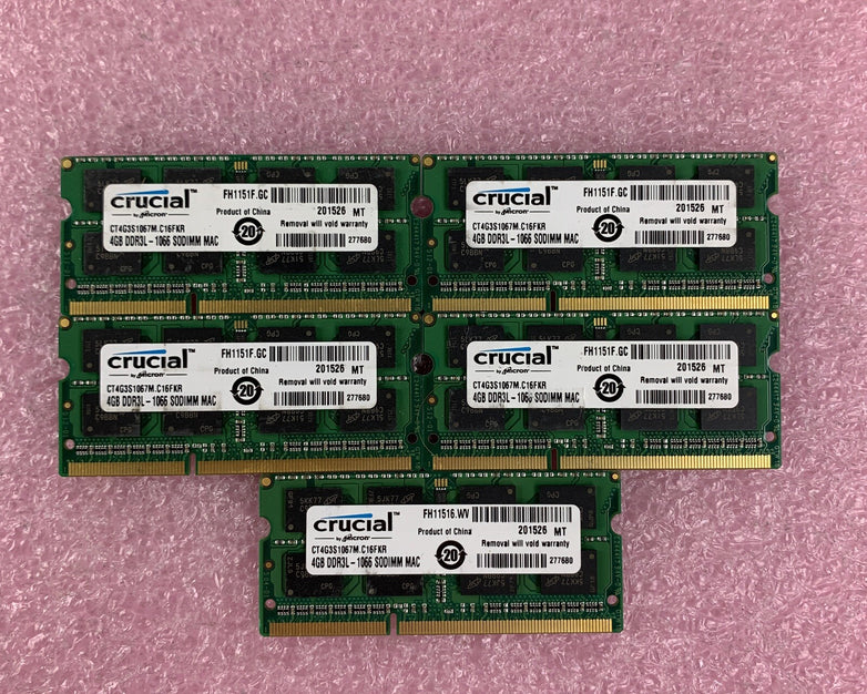 Crucial CT4G3S1067M.C16FKR 4 GB DDR3-1066 PC3-8500S 2Rx8 Laptop Lot of 5x