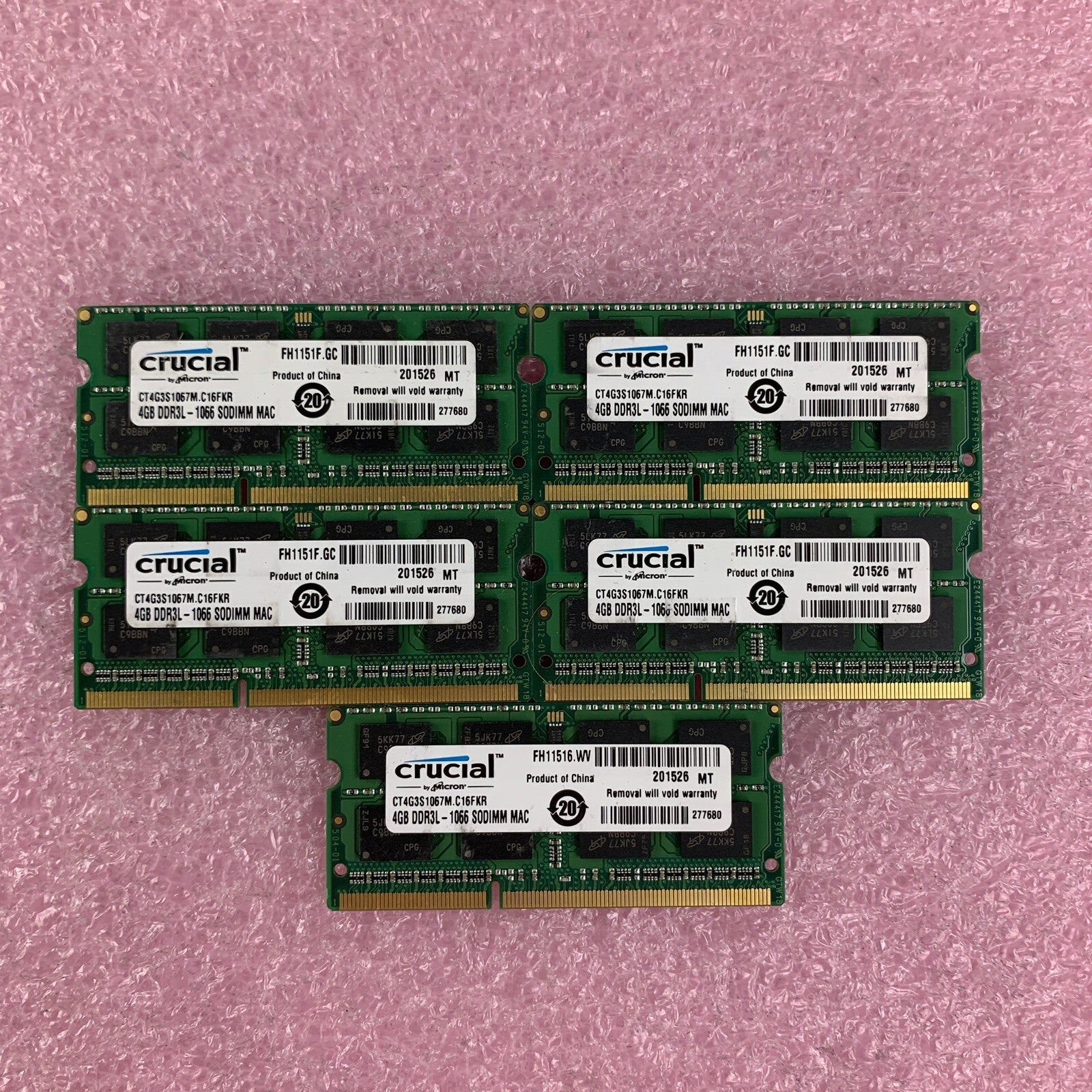 Crucial CT4G3S1067M.C16FKR 4 GB DDR3-1066 PC3-8500S 2Rx8 Laptop Lot of 5x