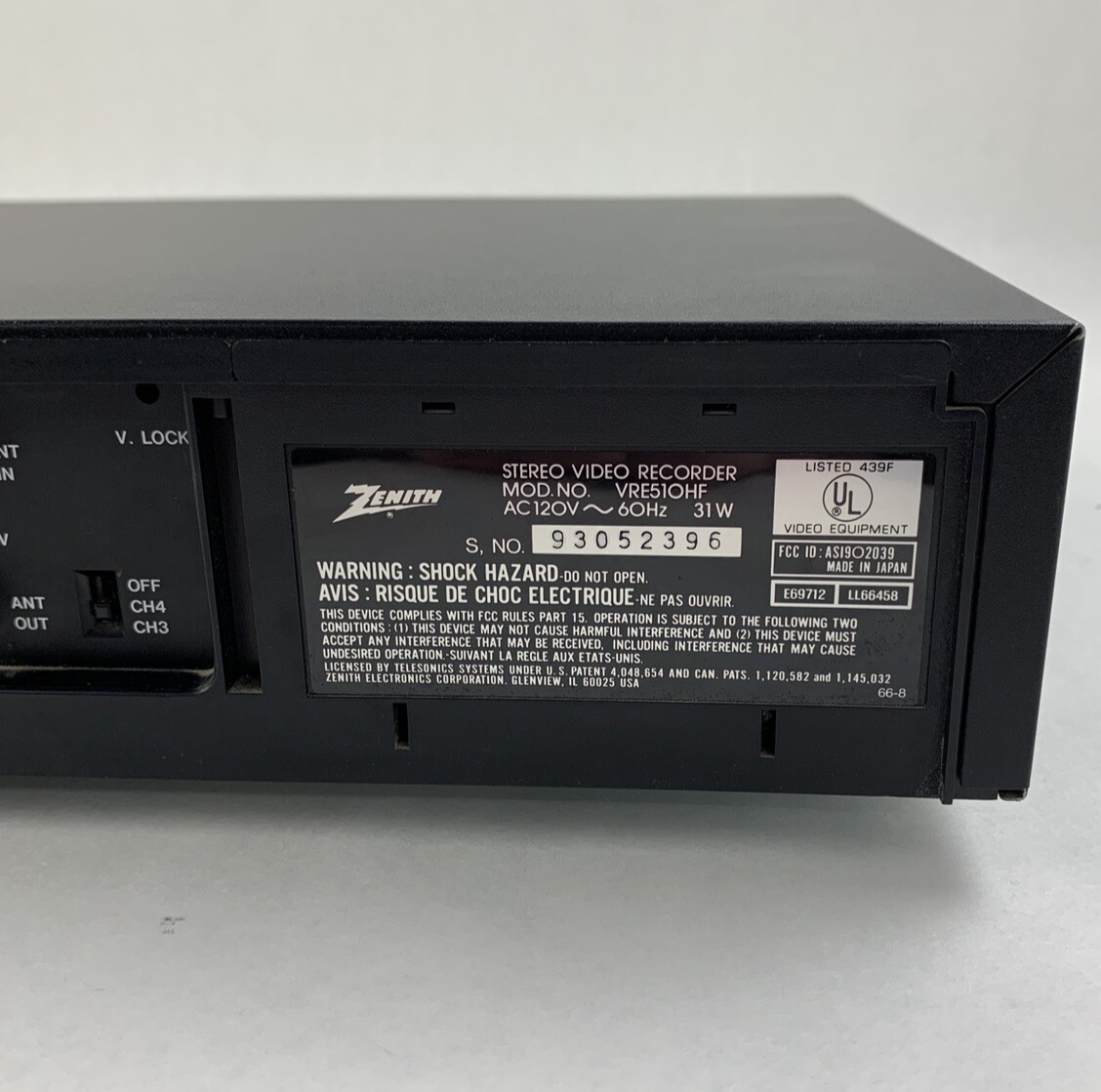 Zenith VRE510HF 4-HEAD Player Recorder Tested White Bar on Top and Bottom