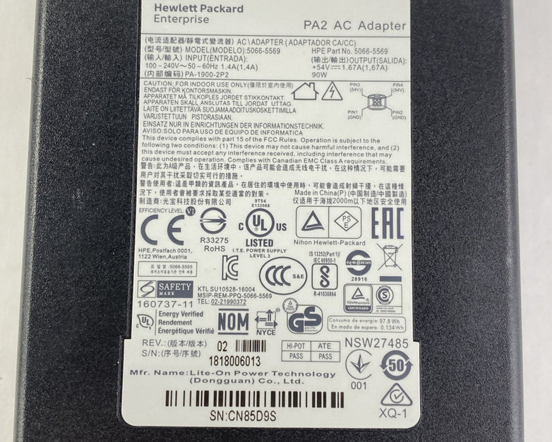 HP 5066-5569 54V 1.67A 90W 4 Pin PA2 AC Adapter - No Power Cord