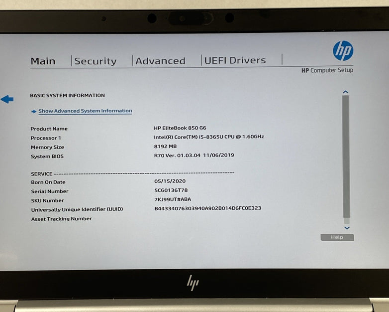 HP EliteBook 850 G6 Core i5-8365U 1.60 GHz 8 GB RAM 15.6" No HDD No OS