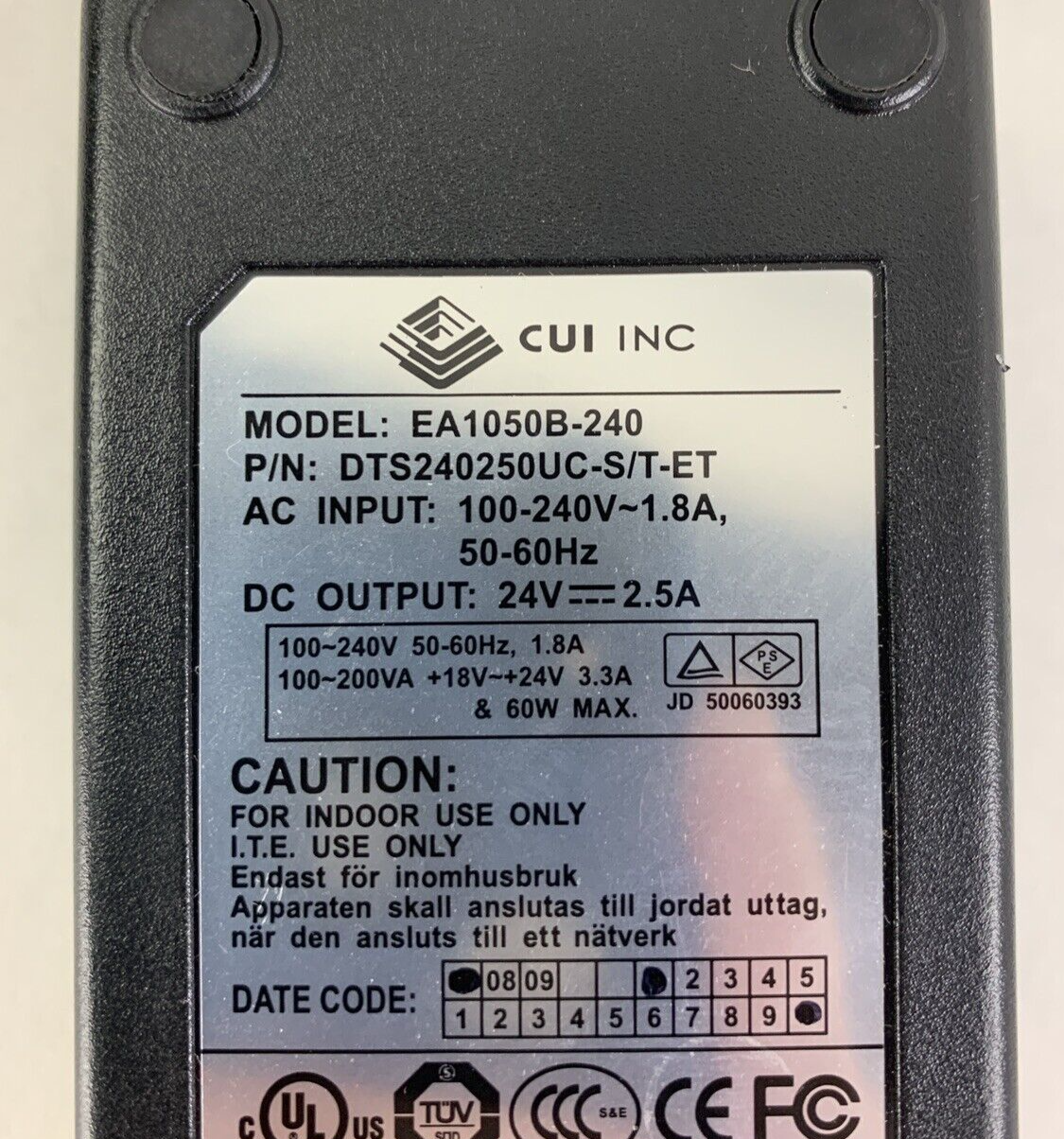 CUI EA1050B-240 AC Adapter DTS240250UC-S/T-ET 100-240V 24V-2.5A 50-60Hz 3 Pin