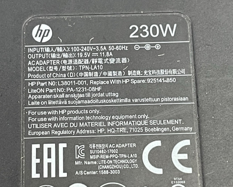 HP 230W TPN-LA10 Gaming Laptop Mobile Workstation AC Adapter 19.5V