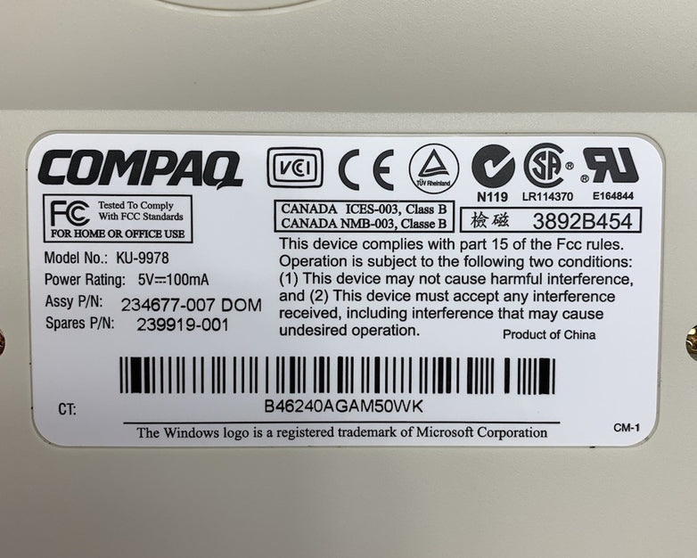 Compaq KU-9978 USB-Wired Vintage Keyboard