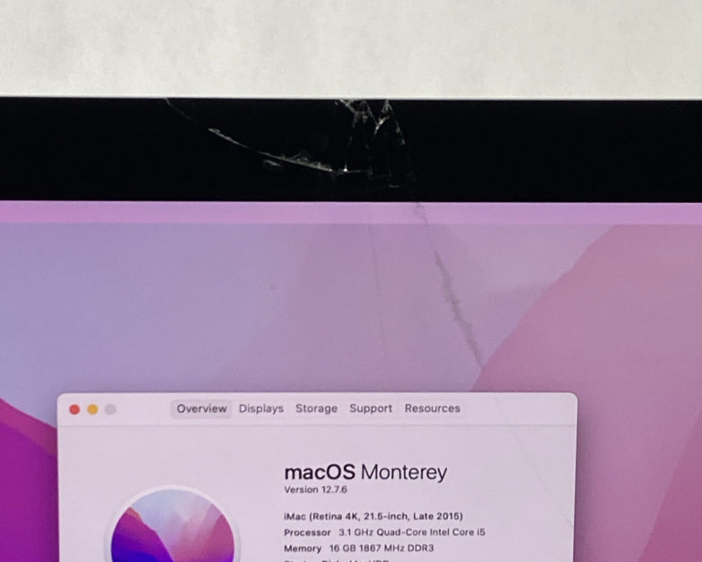 Apple A1418 iMac Retina 4k 21.5" 2015 3.1GHz i5 16GB RAM 1TB Fusion - Cracked