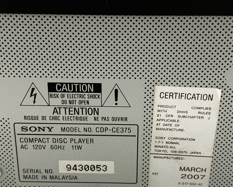Sony CDP-CE375 5 Disc Ex-Change System/Player With Remote - Tested