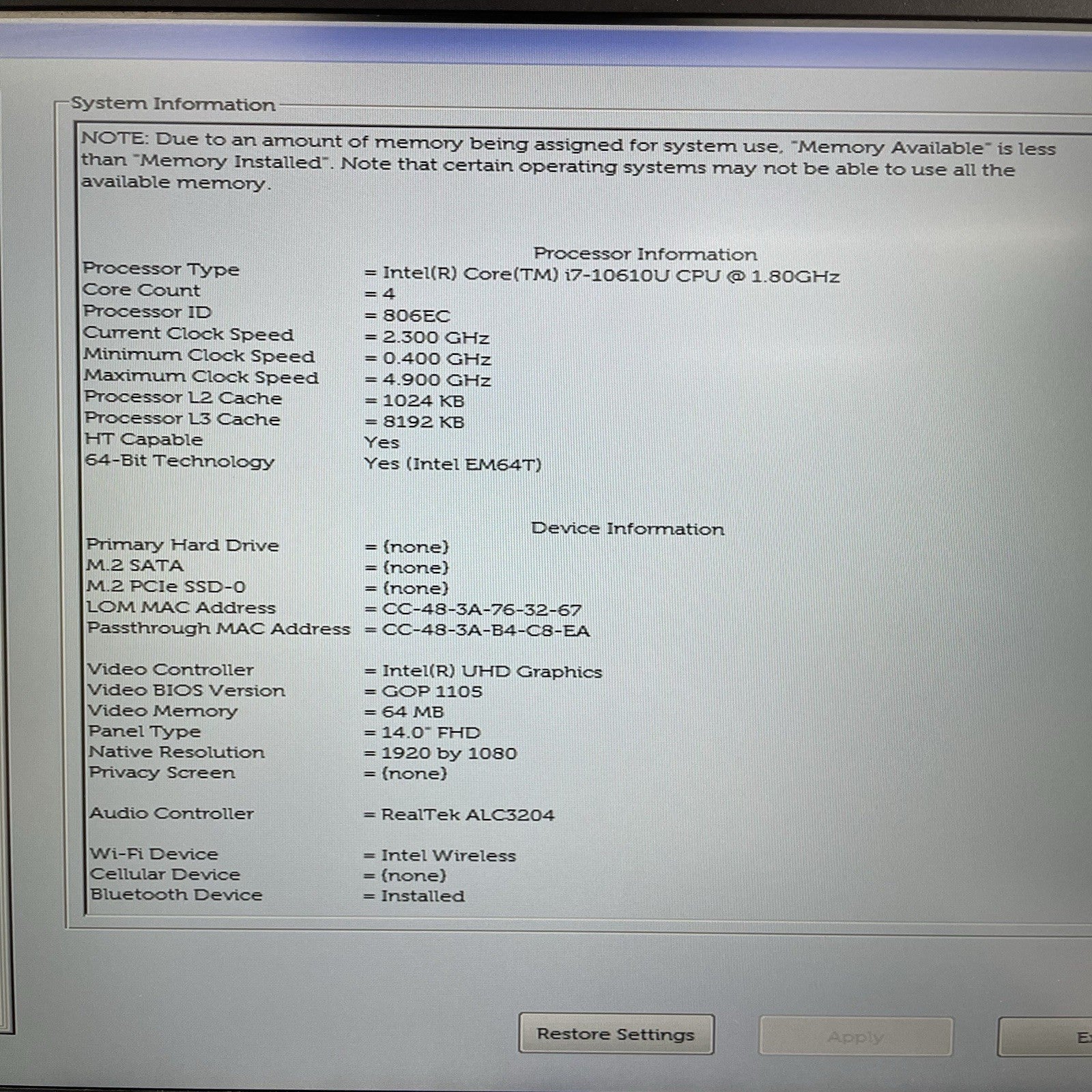 Dell Latitude 5410 14" i7-10610U 1.80 GHz 8 GB RAM No SSD/OS/AC/Batt - READ3