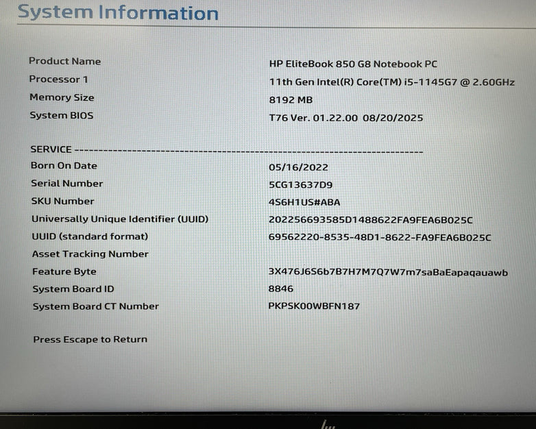 HP EliteBook 850 G8 15.6" i5-1145G7 1.60 GHz 8 GB RAM No SSD/OS/AC - Missing Key