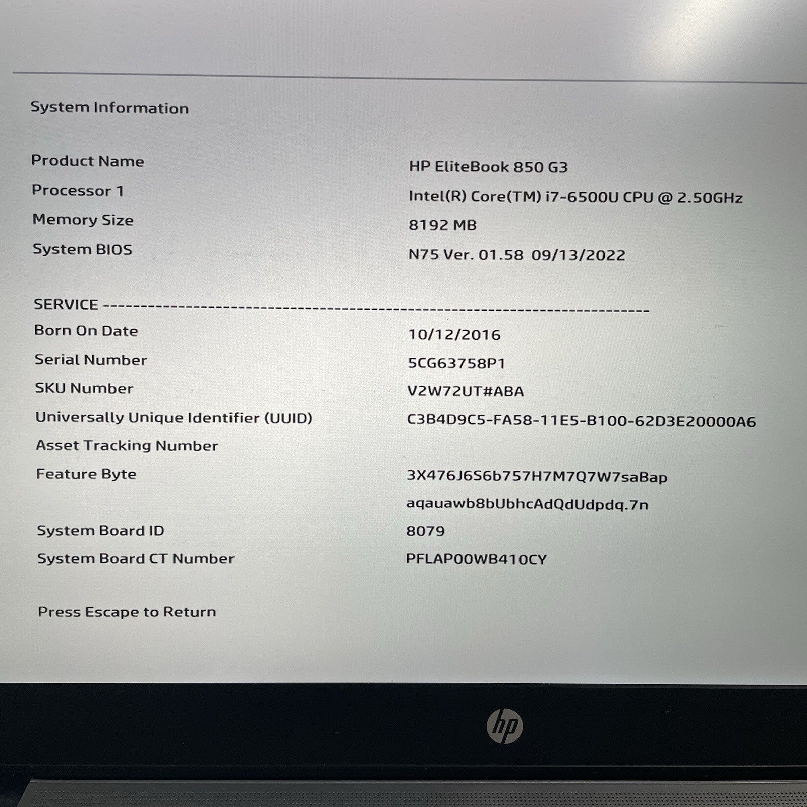 HP EliteBook 850 G3 15.6" i7-6500U 2.50 GHz 8 GB RAM No SSD/OS/AC/Battery - READ4