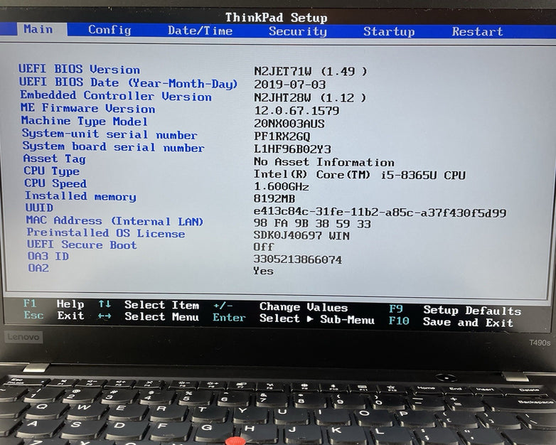 Lenovo ThinkPad T490s 14" i5-8365U 1.60 GHz 8 GB RAM No SSD/OS/AC