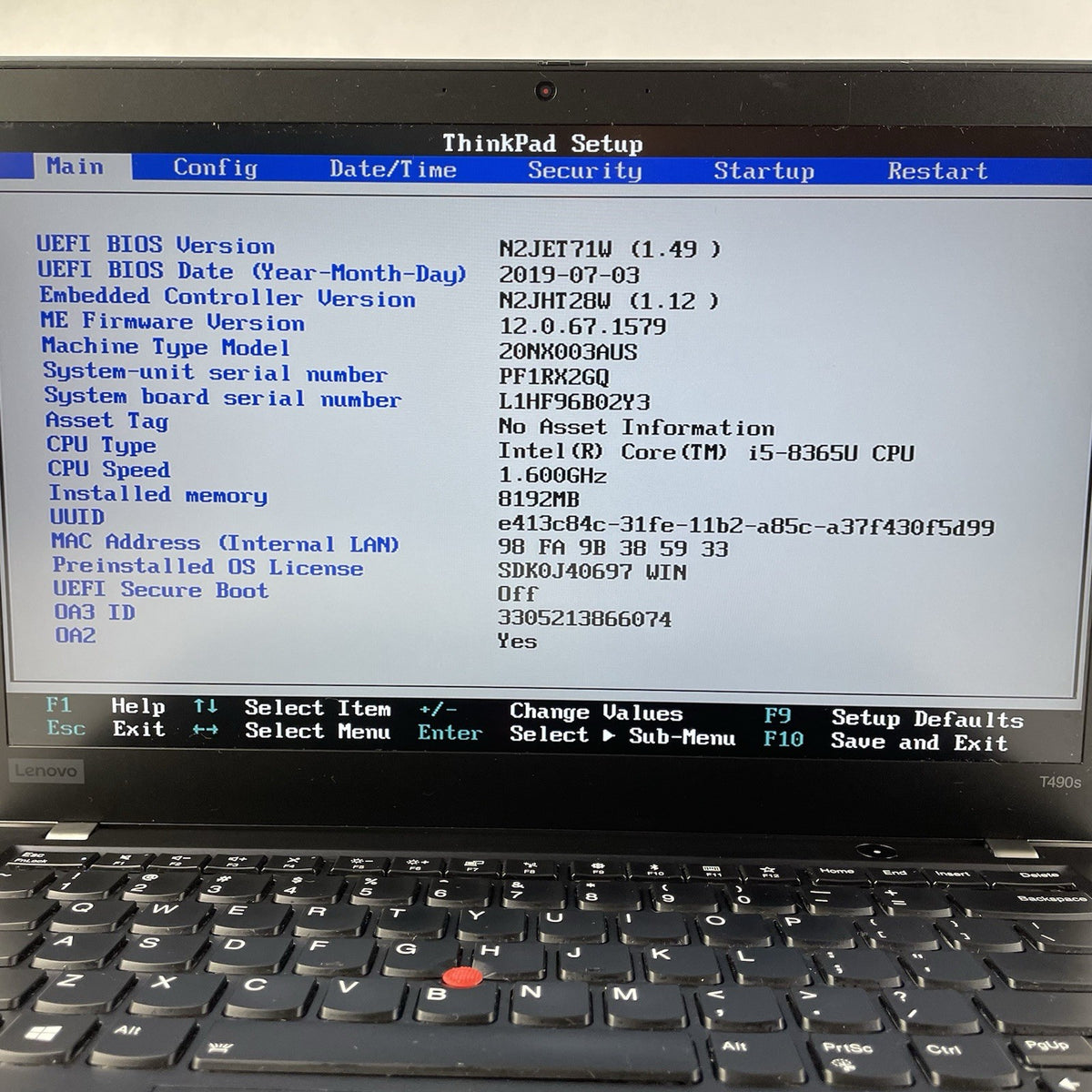 Lenovo ThinkPad T490s 14" i5-8365U 1.60 GHz 8 GB RAM No SSD/OS/AC3