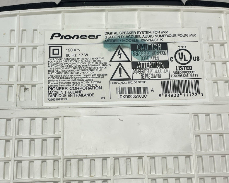 Pioneer XW-NAC1-K DualTwin IPod Dock Bluetooth Wireless Speaker Portable Tested