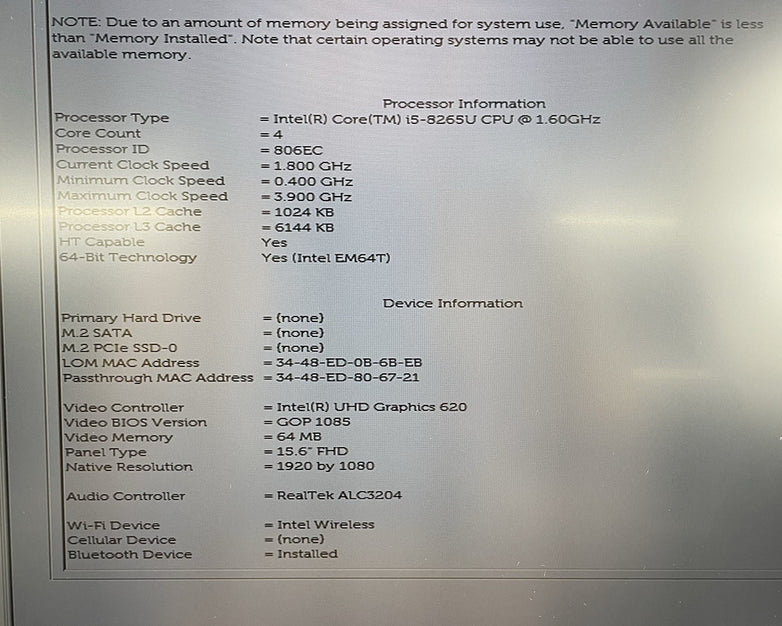 Dell Latitude 5500 15.6" i5-8265U 1.60 GHz 8 GB RAM No SSD/OS/AC