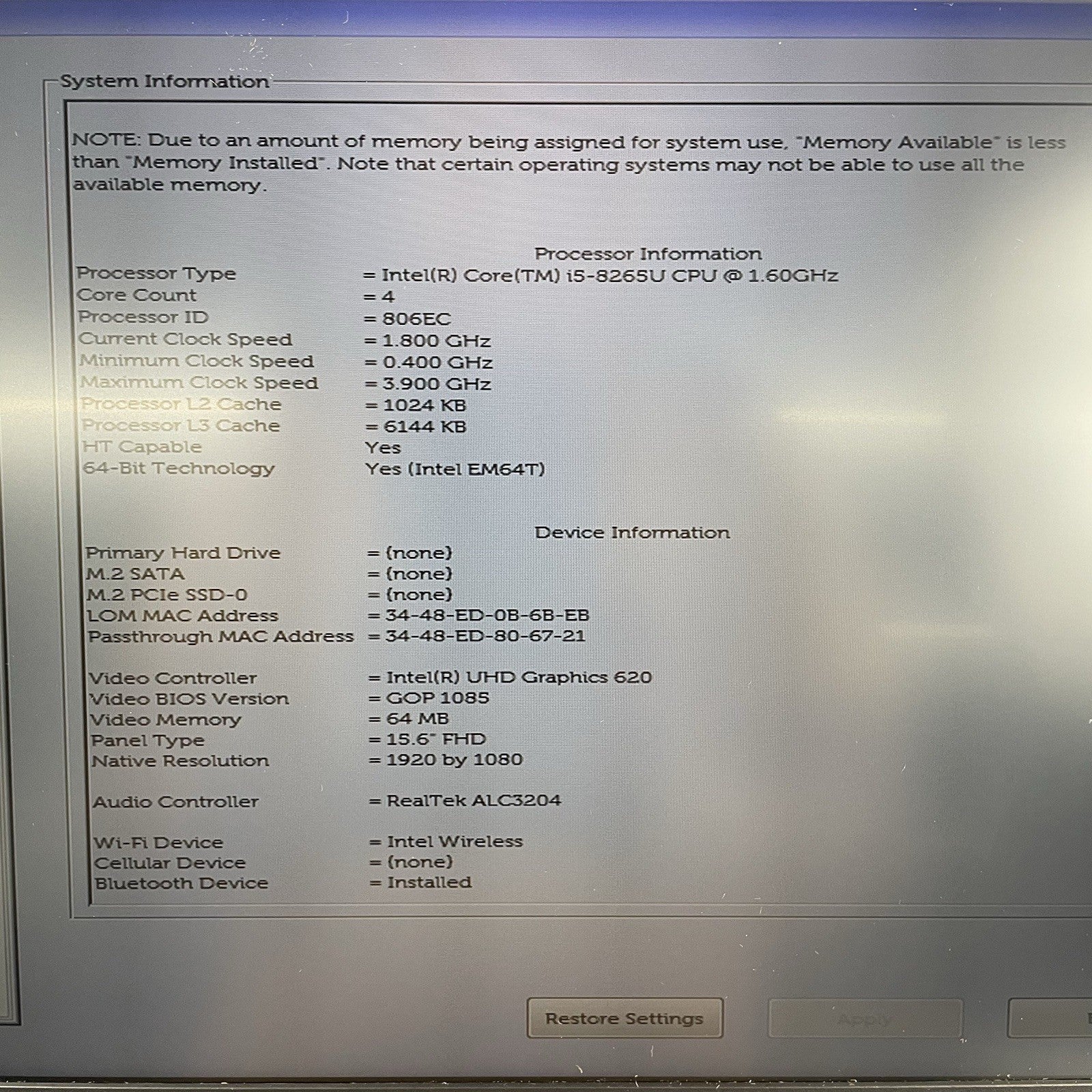 Dell Latitude 5500 15.6" i5-8265U 1.60 GHz 8 GB RAM No SSD/OS/AC3