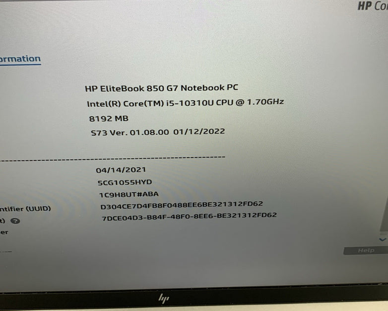 HP EliteBook 850 G7 Laptop 15.6" i5-10310U 1.70 GHz 8 GB RAM No OS/SSD/AC
