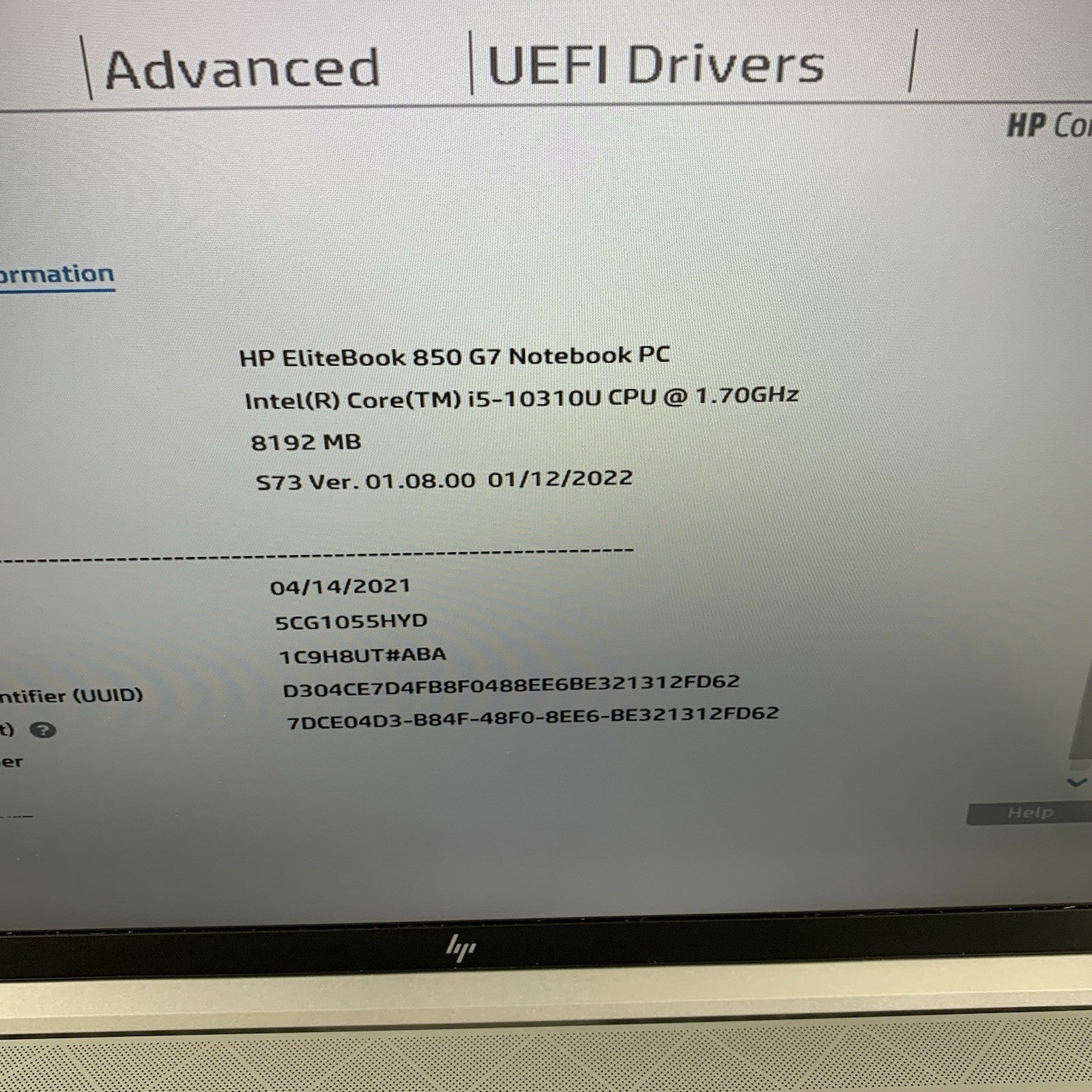 HP EliteBook 850 G7 Laptop 15.6" i5-10310U 1.70 GHz 8 GB RAM No OS/SSD/AC2