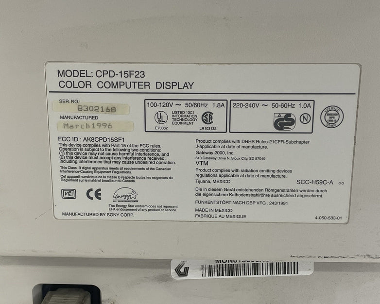 Gateway CPD-15F23 15"  CRT PC Monitor Tested