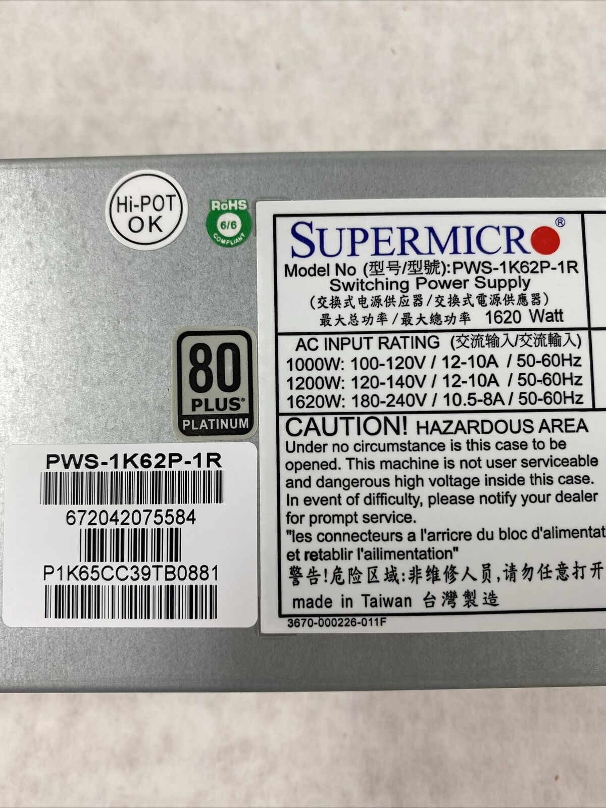 Supermicro PWS-1K62P-1R 1620 Watt Switching Power Supply 80 Plus Platnium