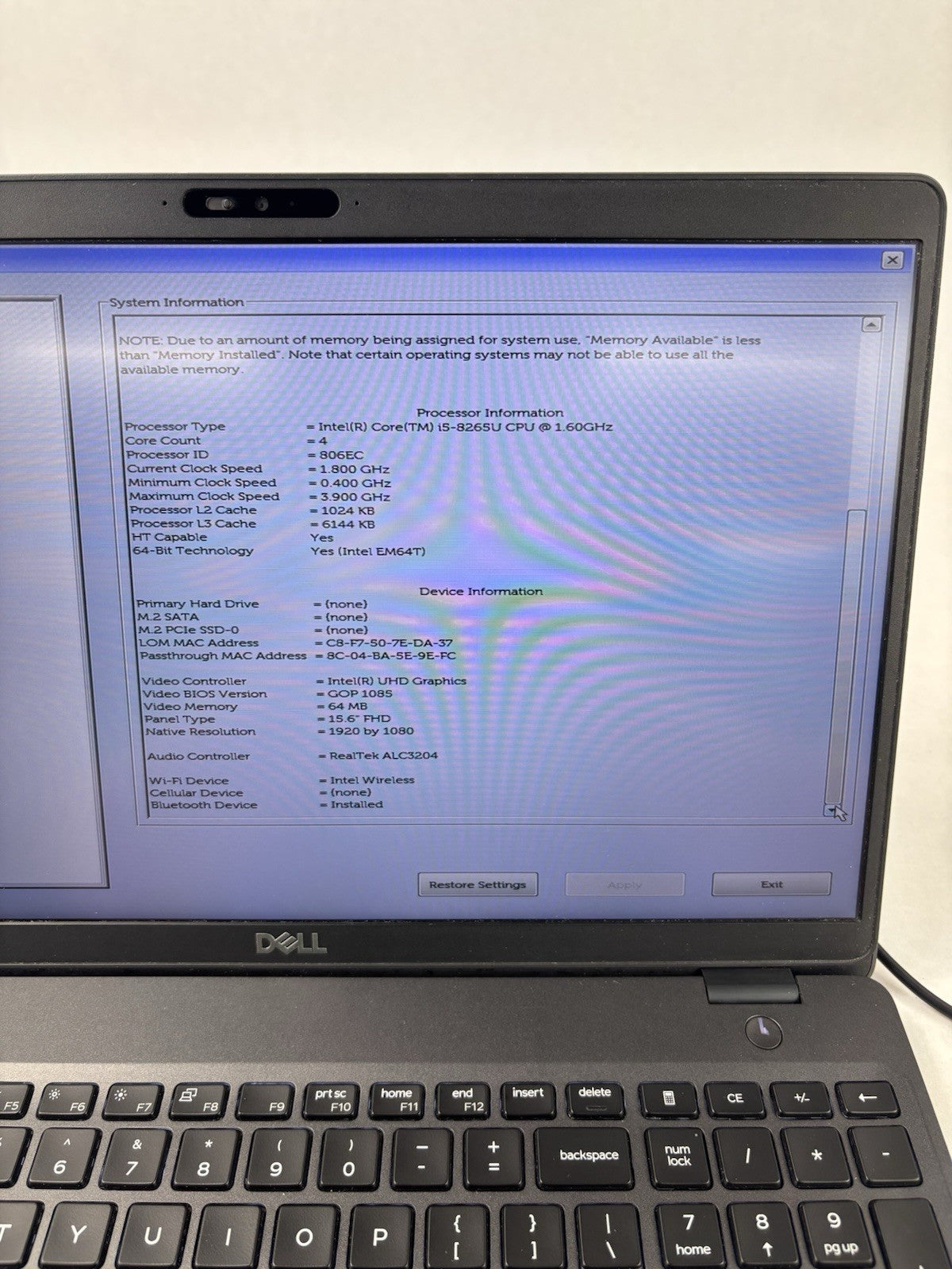 Dell Latitude 5500 15.6" Intel i5-8365U 1.6 GHz 8 GB Ram No OS No HDD No AC