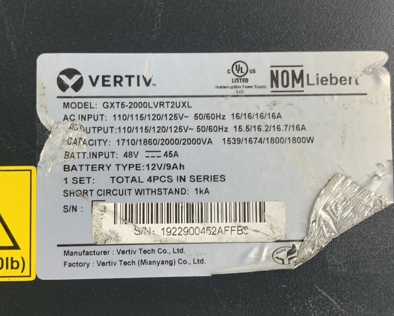 Vertiv GXT5-2000LVRT2UXL 2000VA UPS RDU101 Tested No Batteries Damaged Face