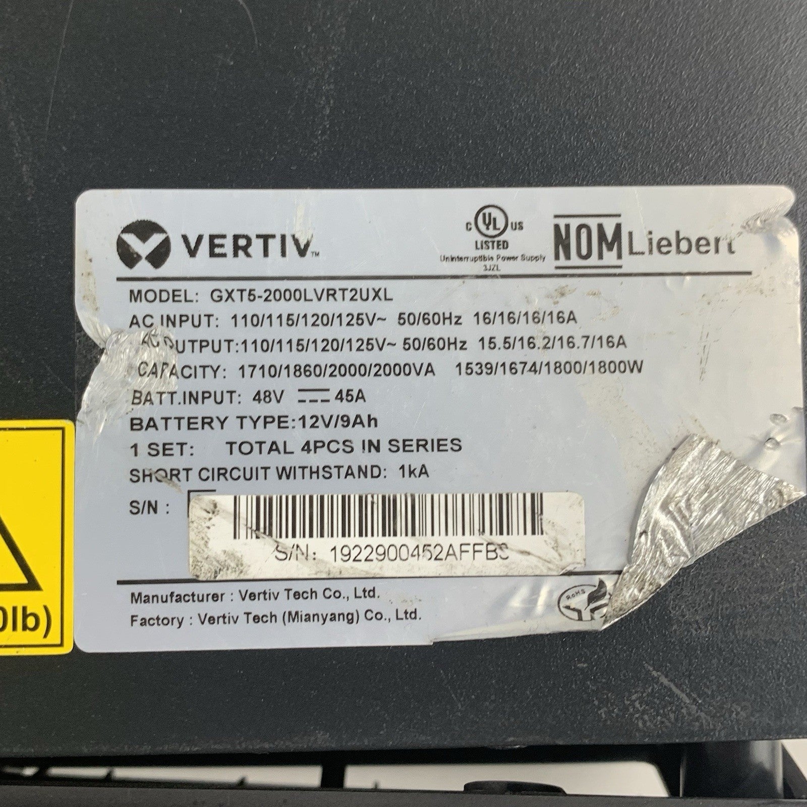 Vertiv GXT5-2000LVRT2UXL 2000VA UPS RDU101 Tested No Batteries Damaged Face2