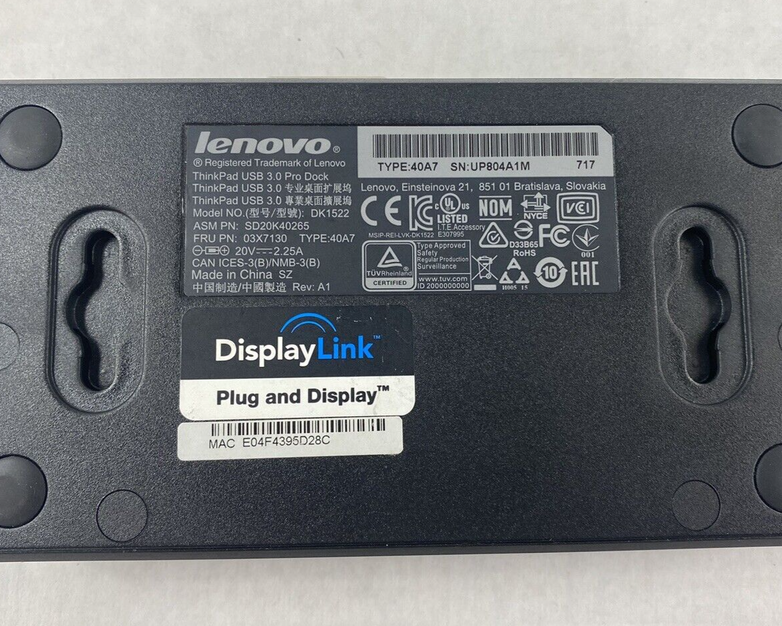 Lot of 4 Lenovo ThinkPad DK1522 40A7 USB 3.0 Pro Docking Station - Untested