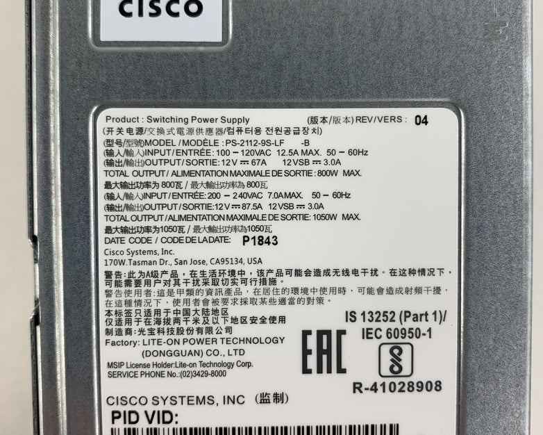 Cisco PS-2112-9S-LF 341-0638-03 1050W AC Server Power Supply Tested